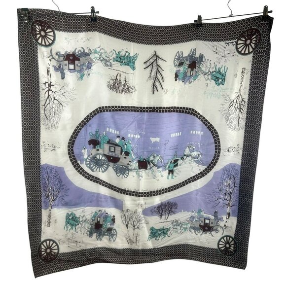 Vintage Chun Hua Silk Scarf Women Square Horse Carriage Equestrian England Pub